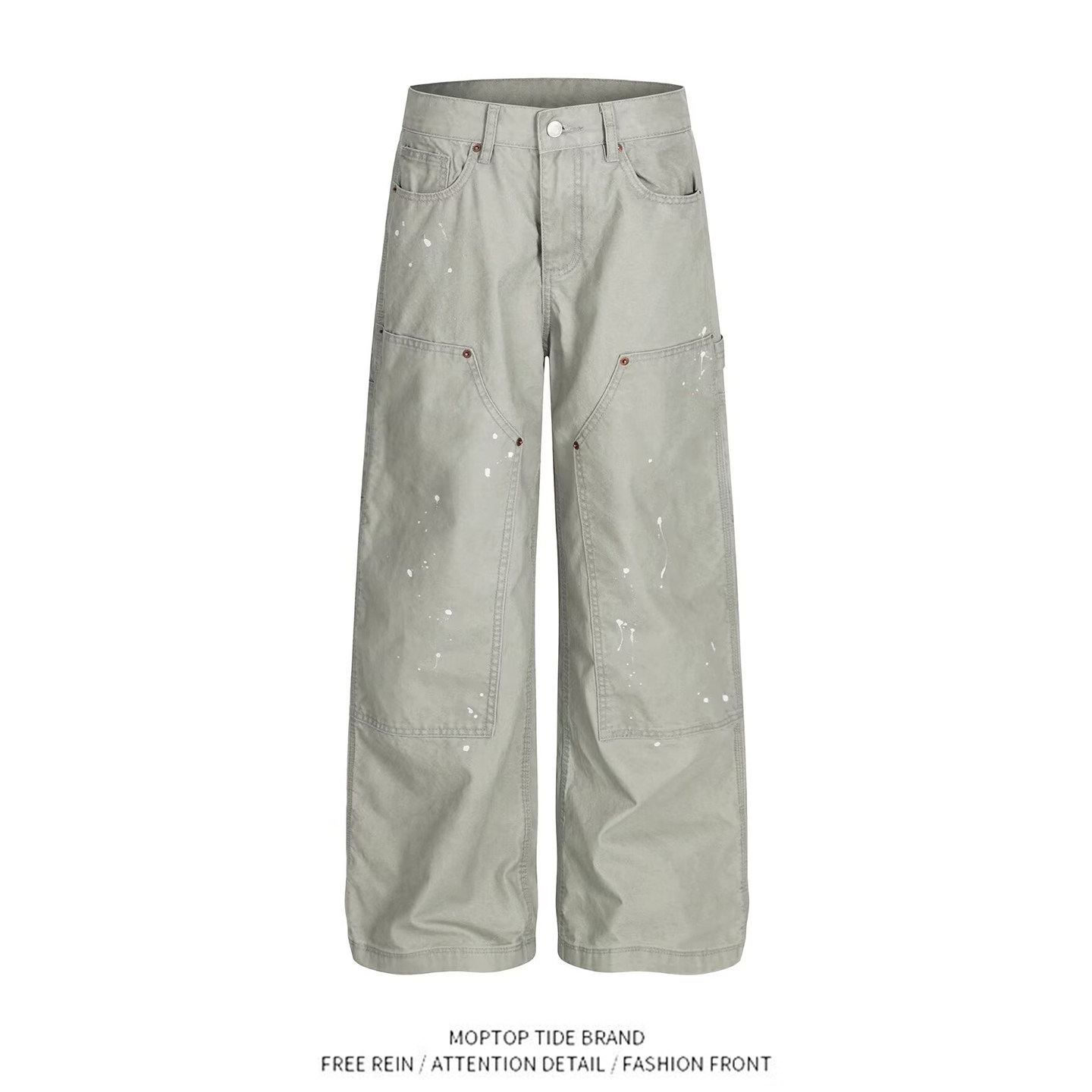 美式复古水洗做旧泼墨伐木工装阔腿裤男女vintage宽松直筒牛仔裤