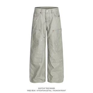 美式复古水洗做旧泼墨伐木工装阔腿裤男女vintage宽松直筒牛仔裤