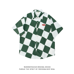 美式2023年复古拼色格子短袖衬衫男女潮牌嘻哈oversize休闲衬衣