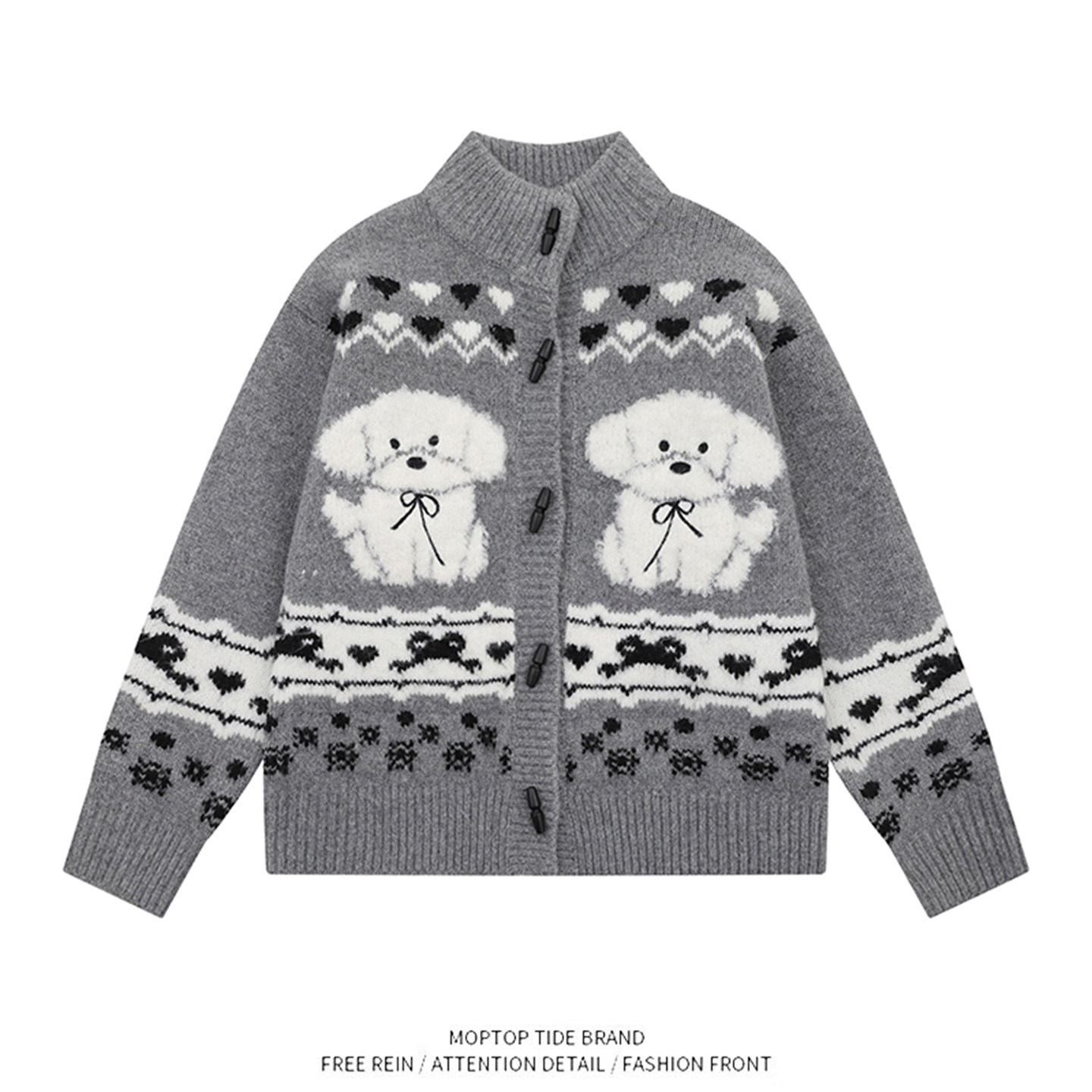 复古卡通小狗提花针织开衫外套男女秋季软糯慵懒风立领宽松毛衣潮