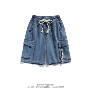 夏季薄款松紧腰牛仔工装短裤男水洗5分潮牌做旧多口袋青少年裤子