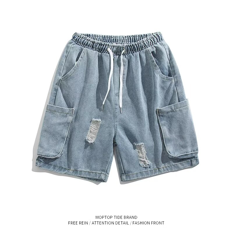 破洞牛仔短裤男潮牌宽松百搭大口袋直筒裤夏季ins休闲工装五分裤
