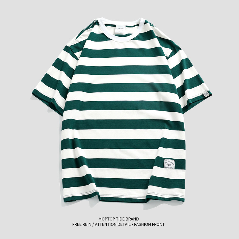 WH先生日系2024夏季新款重磅圆领T恤男复古撞色条纹短袖休闲体恤