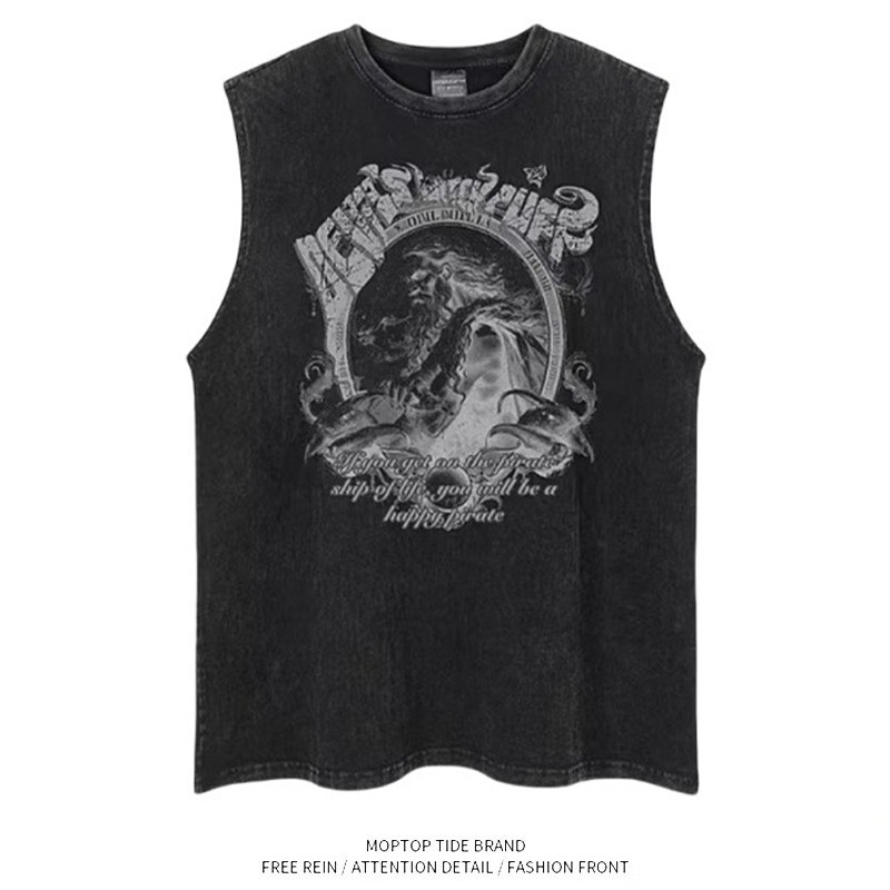 WHXS美式暗黑丧系哥特印花破洞背心男女oversize宽松无袖T恤