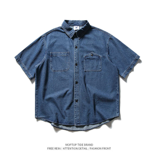 夏季 复古水洗翻领衬衣潮牌男士 廓形上衣 牛仔衬衫 日系vintage短袖