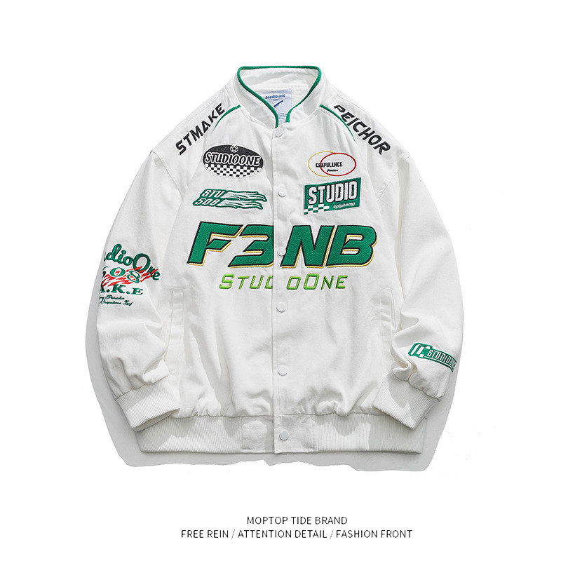 WH先生美式潮牌刺绣机车夹克男秋季情侣棒球服男上衣国潮嘻哈外套
