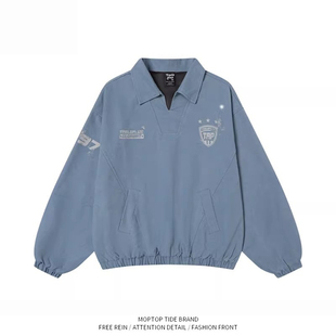 WH先生美式复古风翻领夹克男宽松港式春秋外套青年徽章长袖上衣