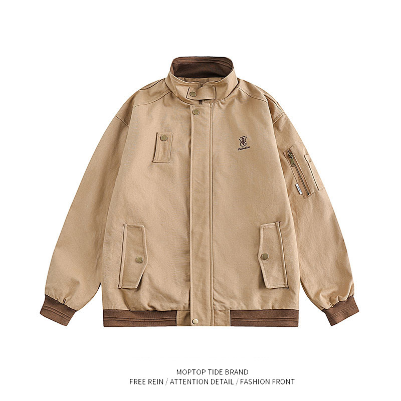 WH先生美式复古多口袋立领棒球服男女欧美ins潮牌情侣工装外套