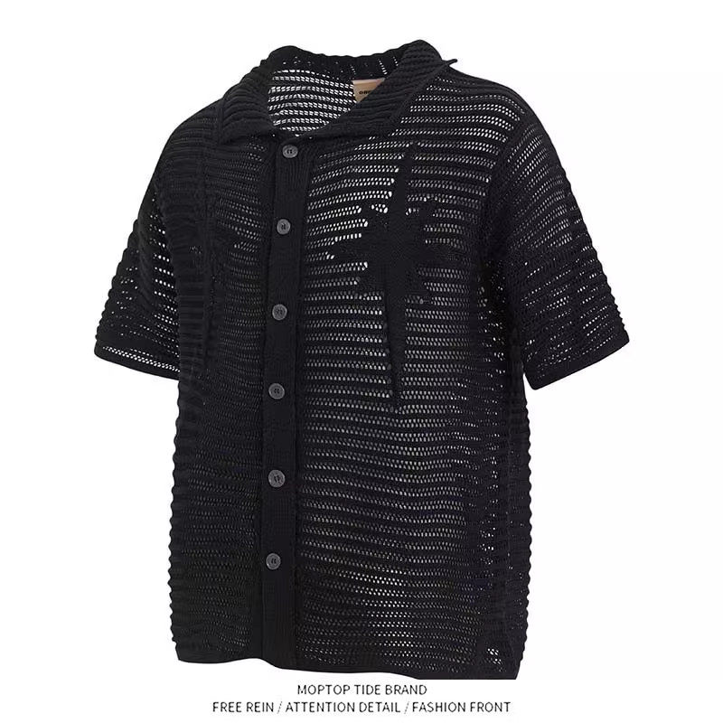 美式cleanfit慵懒镂空薄款开衫短袖衬衫男款夏季老钱风高级感针织