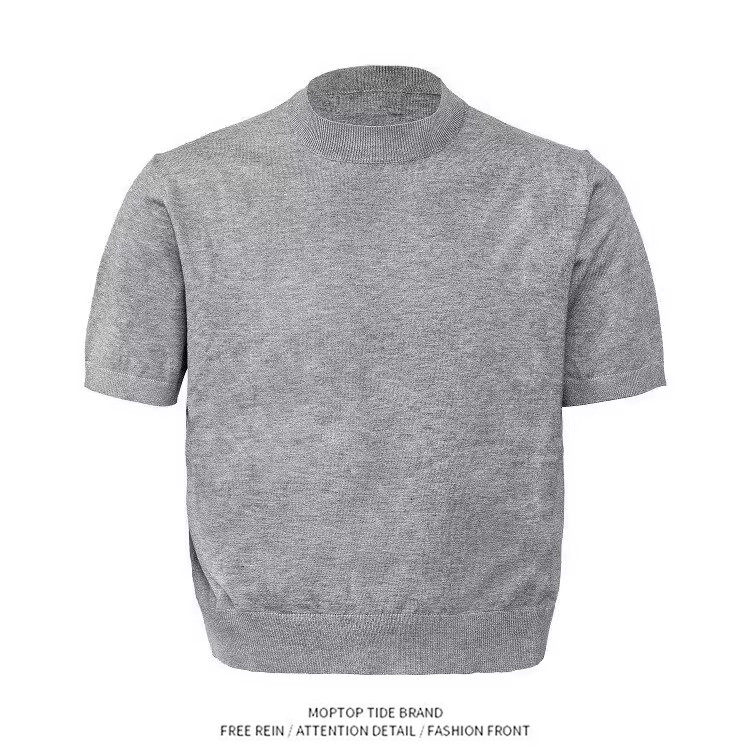 针织短袖T恤男款夏季美式复古潮牌凉感透气小领口螺纹健身打底衫