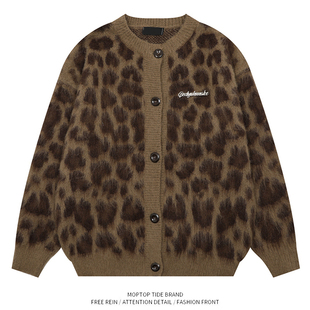 外套 古着感软糯针织衫 WHXS街头复古高级感豹纹开衫 毛衣男女美式