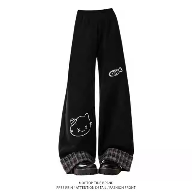 刺绣黑色裤子休闲裤女202冬季新款格纹翻边宽松显瘦直筒裤子