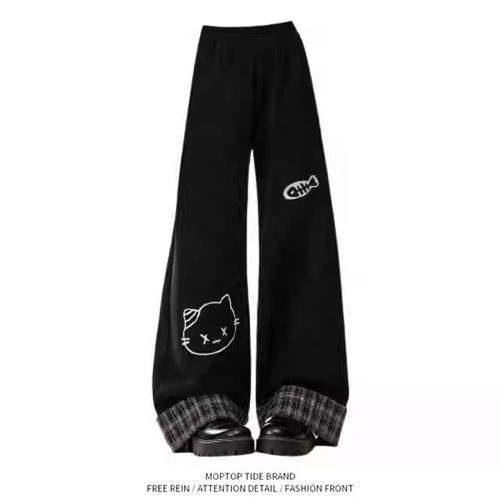 刺绣黑色裤子休闲裤女202冬季新款格纹翻边宽松显瘦直筒裤子