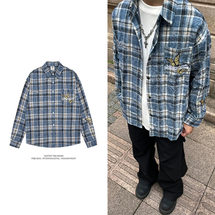 WH先生美式复古格子衬衫男春秋潮牌扎染格纹长袖衬衣vintage外套