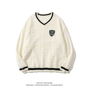 WHXS日系秋冬学院风V领针织衫男女复古宽松慵懒百搭情侣休闲毛衣