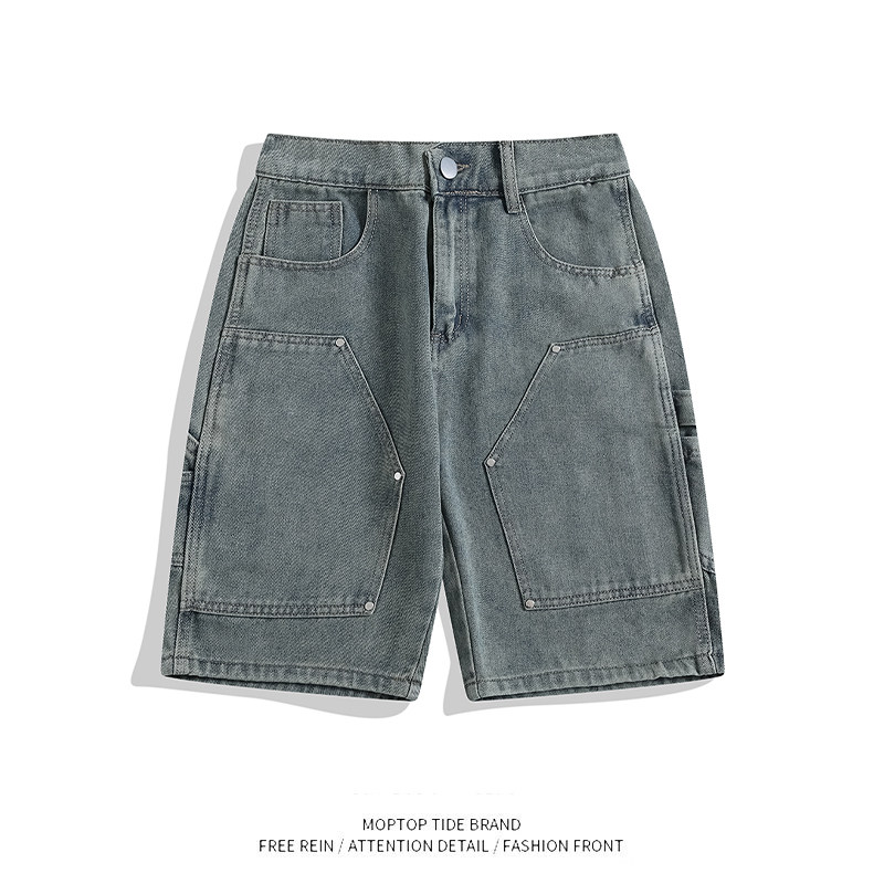 半松紧腰直筒牛仔短裤拼接口袋痞帅青少年工装五分裤男