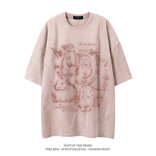 2025vintage美式 T恤 兔子印花圆领体恤男女街头麂皮绒短袖