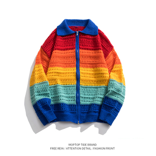 WHXS美式潮流新款彩色针织拉链开衫男女高级感镂空毛衣外套上衣