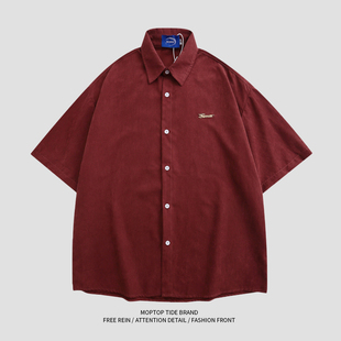 WH先生丝绒简约街头设计感短袖衬衫男夏季复古宽松休闲百搭衬衣