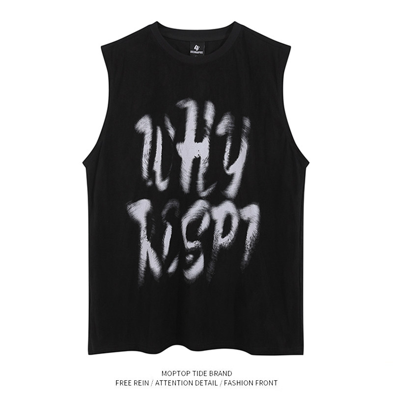 美式暗黑丧系背心涂鸦字母印花男女oversize宽松无袖2024潮流休闲