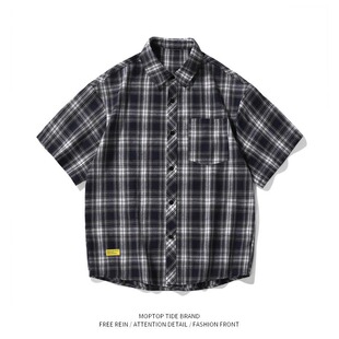 WH先生日系复古短袖格子衬衫男生夏季潮牌宽松休闲翻领上衣