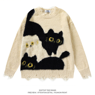 WHXS美式 男女vintage情侣毛衣 复古学院风可爱猫猫趣味针织衫