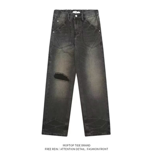 欧美设计感水洗做旧黑色牛仔裤男款春秋ins美式宽松直筒休闲裤子