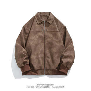 WH先生美式复古棕色翻领皮衣外套男美拉德高级感麂皮绒情侣夹克