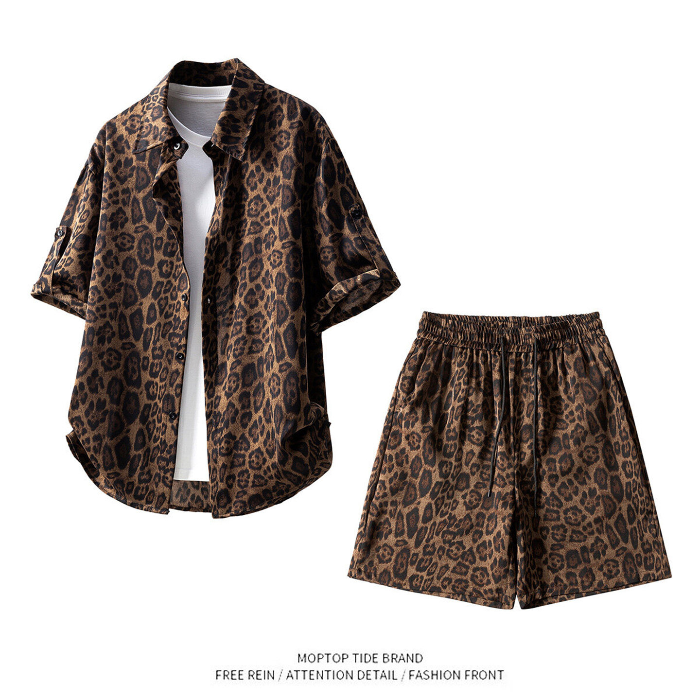 美式复古豹纹套装男2025夏季潮牌宽松休闲短袖衬衫五分短裤两件套