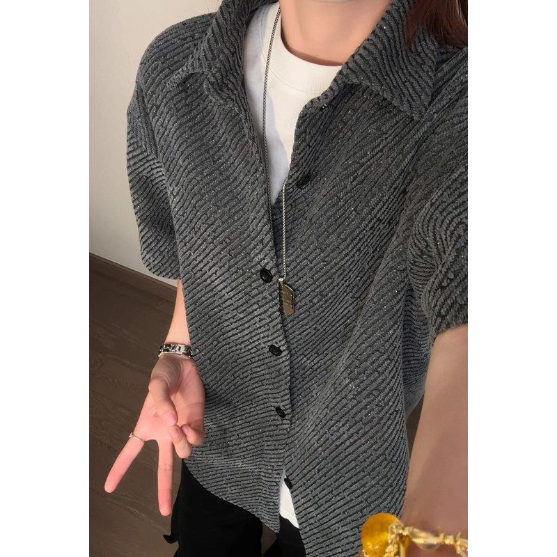 WH先生休闲通勤风雪尼尔短袖衬衫男女翻领纽扣情侣衬衣高级感