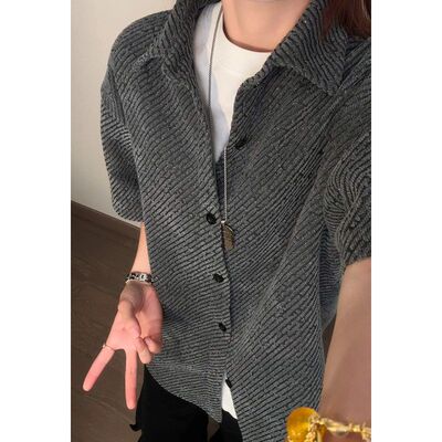 WH先生休闲通勤风雪尼尔短袖衬衫男女翻领纽扣情侣衬衣高级感