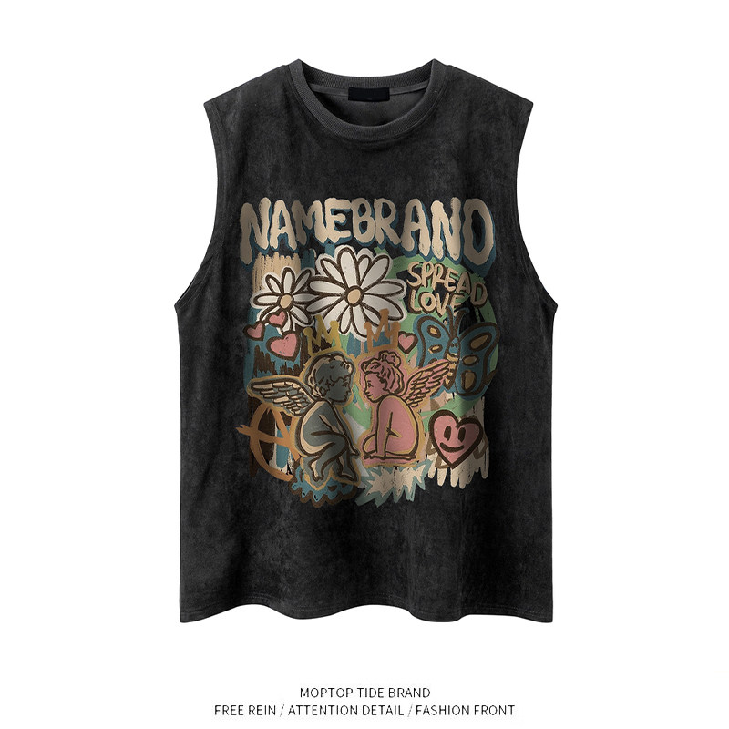 WHXS复古多巴胺趣味印花情侣坎肩背心男女夏季美式运动无袖T恤