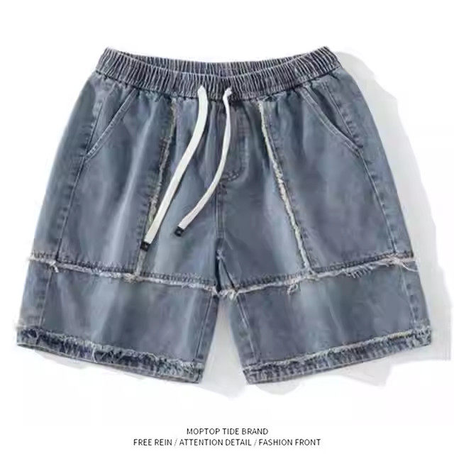 夏季美式牛仔短裤男士宽松直筒工装中裤拼接复古大口袋五分裤