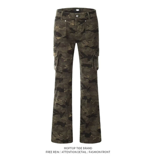 美式复古迷彩多口袋牛仔裤男女春季新款嘻哈直筒显瘦微喇工装裤子