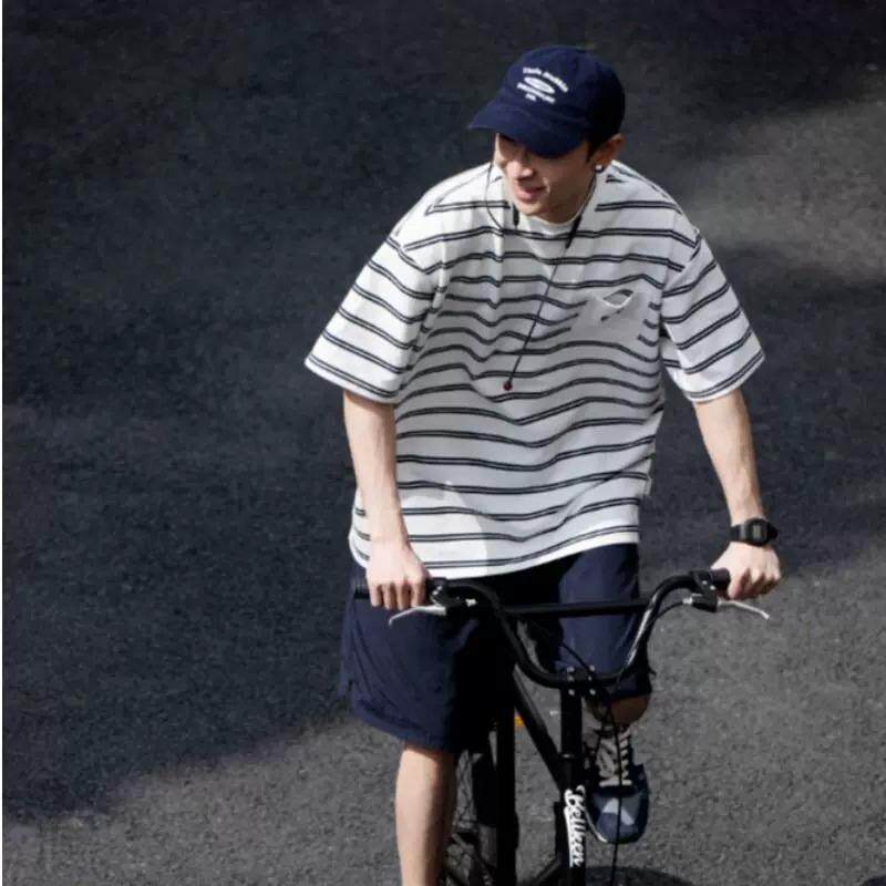 夏季韩版宽松重磅纯棉口袋黑白拼色条纹T恤男日系遮肉五分袖T恤