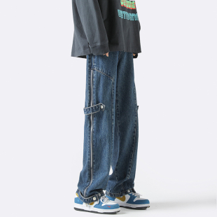 复古直筒高街潮牌宽松阔腿开叉长裤 牛仔裤 美式 秋冬季 子 男2023新款