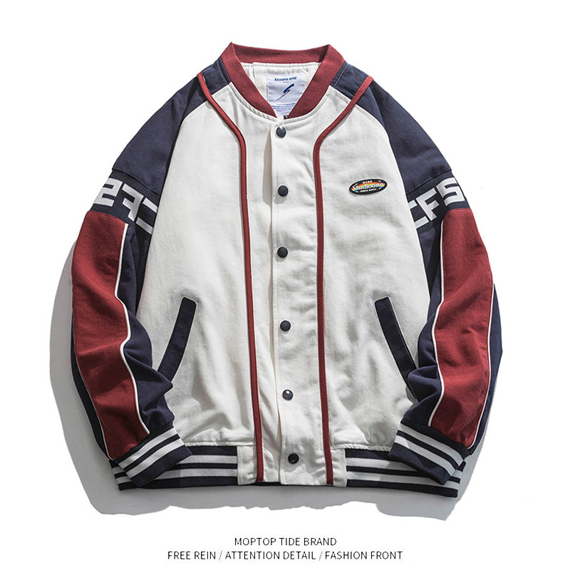 WH先生春季新款拼色棒球服外套男美式街头潮流宽松飞行员机车夹克