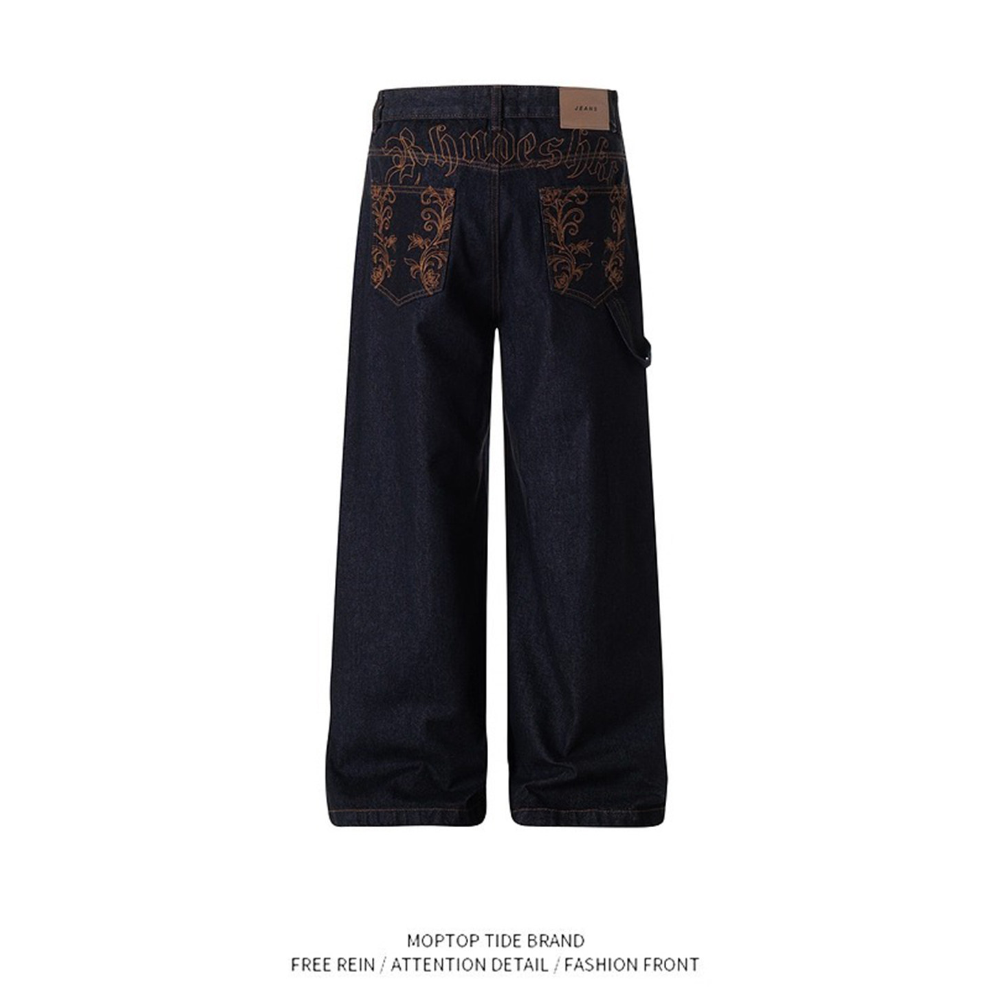 嘻哈vintage欧美高街花卉刺绣牛仔裤男潮牌松弛感宽松直筒长裤