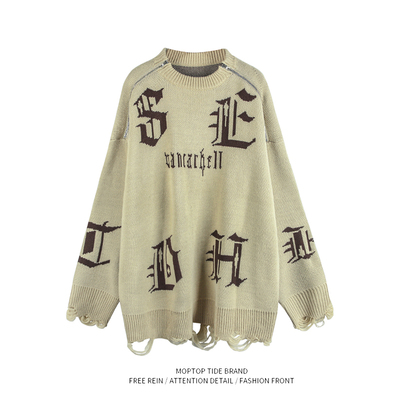 字母刺绣肩膀拉链毛衣男女针织衫