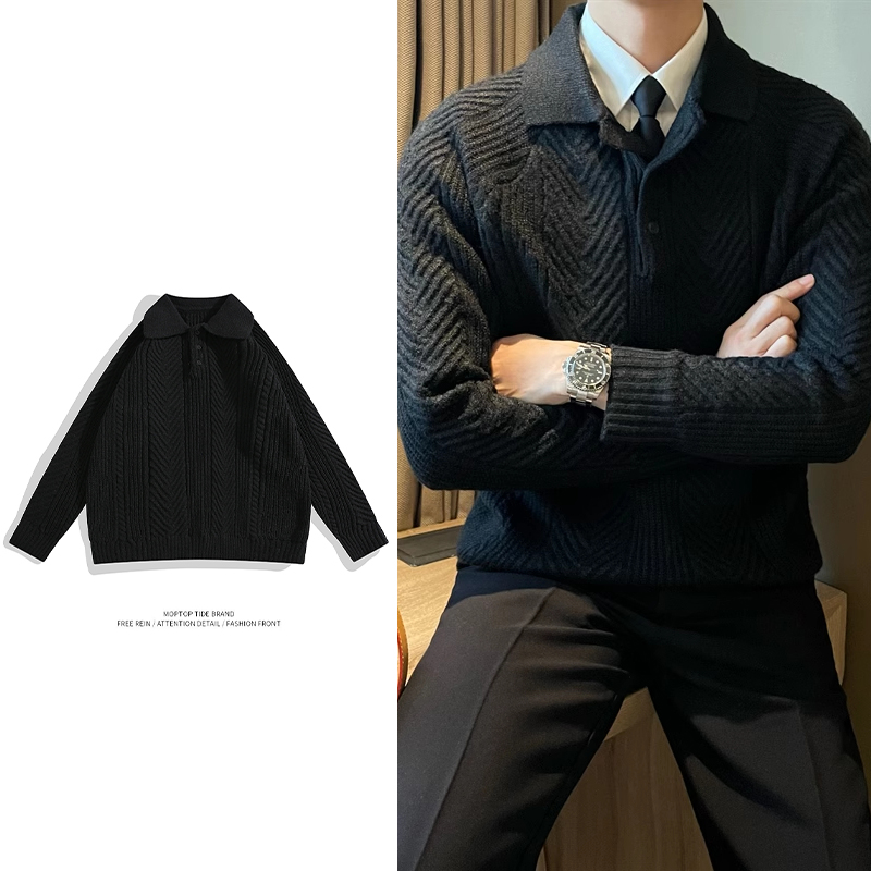 WHXS复古保暖提花纹理翻领毛衣纯色男士休闲落肩款套头针织POLO衫