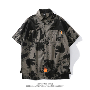 WH先生美式复古西海岸扎染迷彩工装短袖衬衫男潮牌嘻哈宽松情侣衬