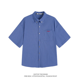 WH先生夏季新款日韩系复古蓝白格子纹廓形短袖衬衫外套百搭男女