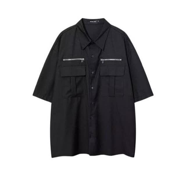 日系夏季复古大码宽松拉链口袋山系文艺户外短袖五分袖黑色衬衫女