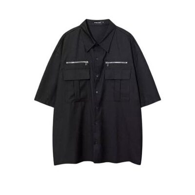 日系夏季复古大码宽松拉链口袋山系文艺户外短袖五分袖黑色衬衫女
