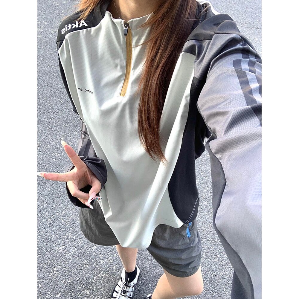 户外运动羽毛球服男女秋季美式骑行服防晒速干衣跑步健身长袖T恤