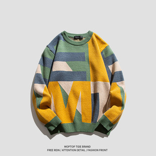 WH先生2023秋冬季潮流圆领套头毛衣男情侣宽松百搭潮牌男士针织衫