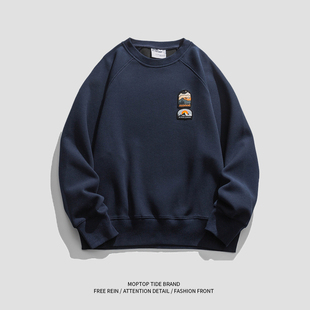 WHXS重磅日系简约绣标纯色圆领卫衣男女潮牌街头宽松百搭打底上衣