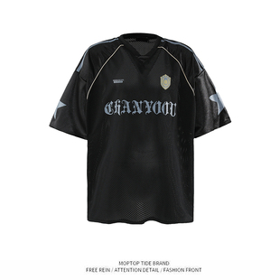 WH先生美式设计感透气夏季球服男生高街潮牌痞帅炸街短袖T恤情侣