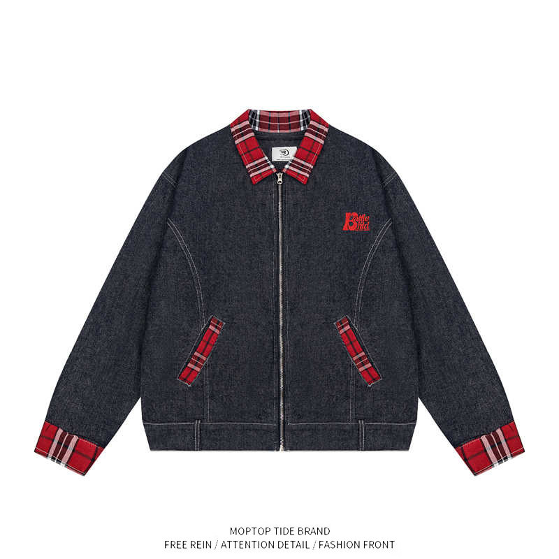 WH先生美式复古格子拼接牛仔外套男女秋季工装正肩翻领夹克