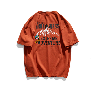 日系原创落肩字母潮牌印花短袖t恤男纯棉复古美式宽松休闲圆领tee